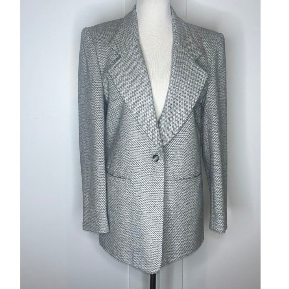 Bonnie & Norma Vintage Herringbone Wool Blend Blazer Grey White Size 10